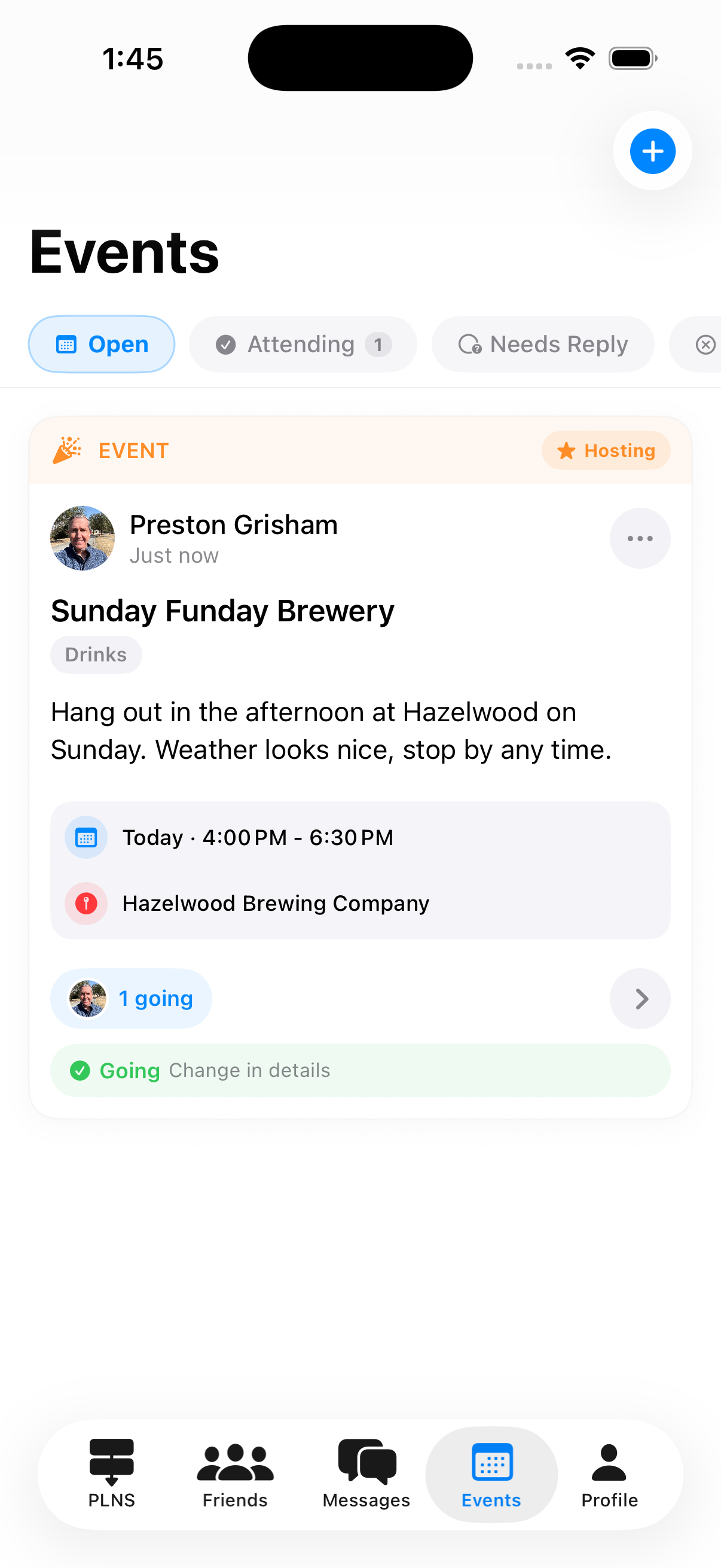 The Events tab on iPhone: “Sunday Funday Brewery,” tagged Drinks, today from 4:00 to 6:30 PM at Hazelwood Brewing Company, showing 1 going and a green Going row.