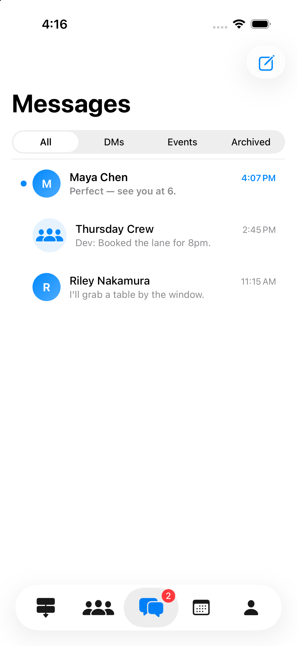 The PLNS Messages tab on iPhone, listing direct message conversations alongside group chats attached to plans and events.